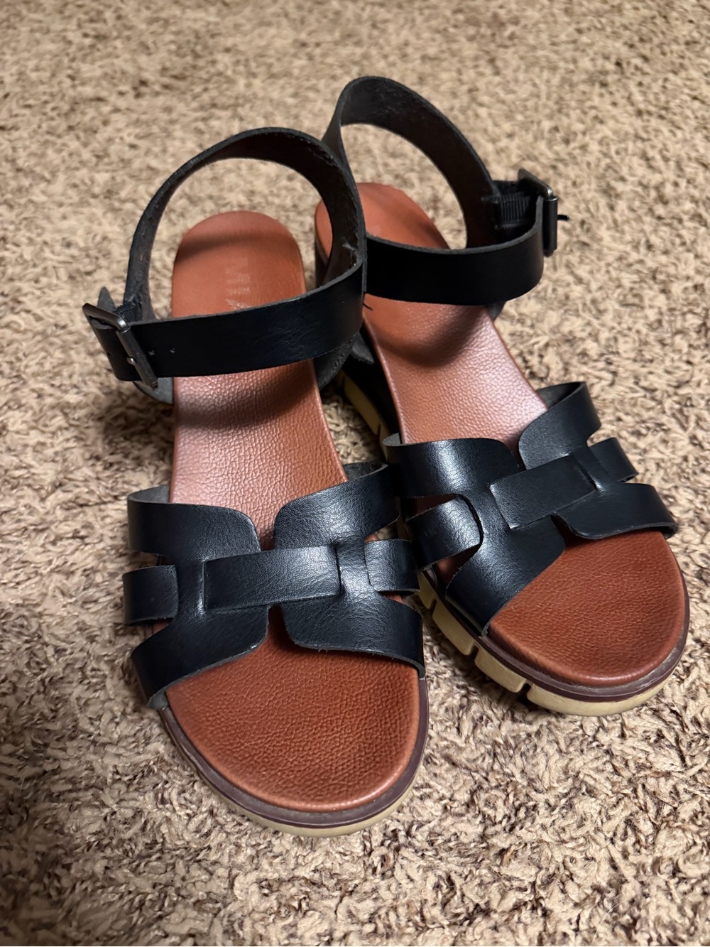 MIA Black Leather Ankle-Strap Wedge Sandals with Brown Footbed